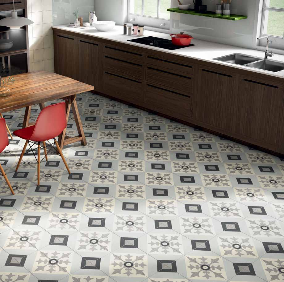 Kitchen with decorative patterned floor tiles
